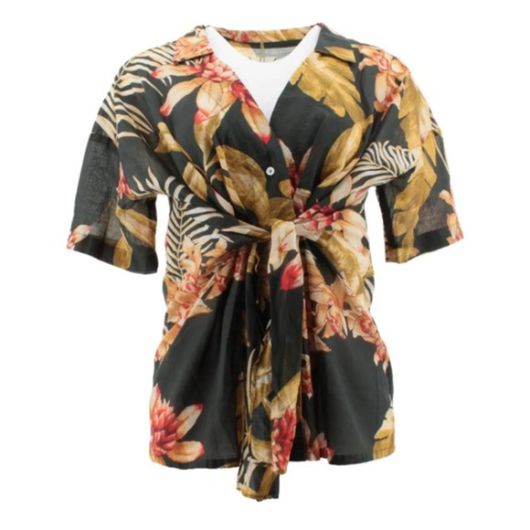 DIEGA Floral print Patterned Top tie button front short sleeve‎ - Picture 1 of 7